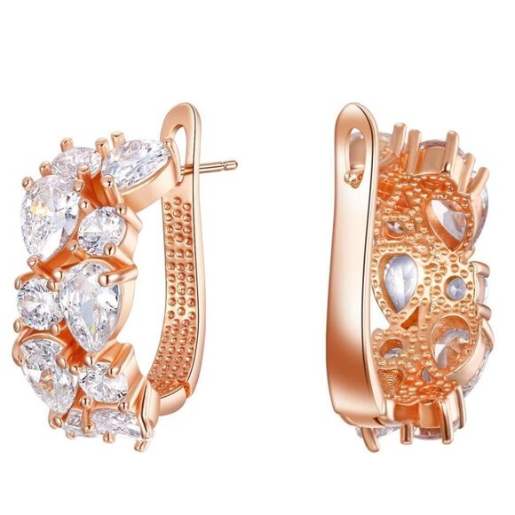 Rose Gold with White Diamond Cubic Zirconia French Clip Post Flower Earrings - Picture 2 of 5